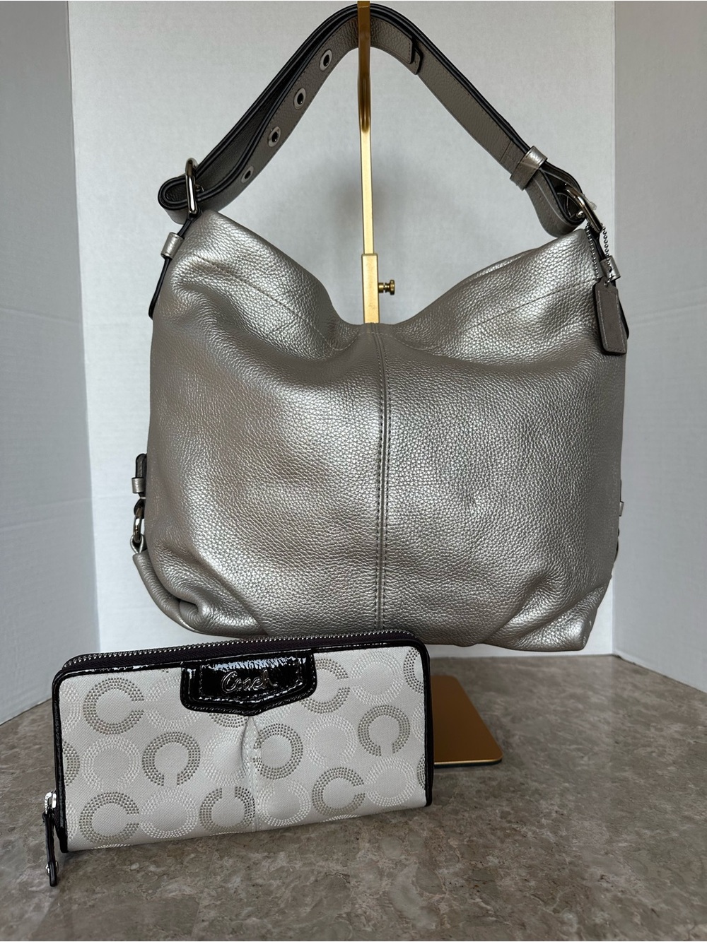 NWT Coach Metallic Silver Leather/Hobo Slouchy Bag Crossbody & Op Art Wallet Set